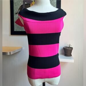Y2K Off-Shoulder Wide Neck Knit Top | Pink & Black Stripe | Stretch | XS/S